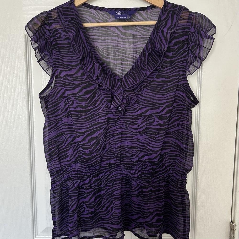 Max Azria Miley Cyrus Sheer Ruffle Zebra Print Blouse Y2K Glam Rock Trendy Style